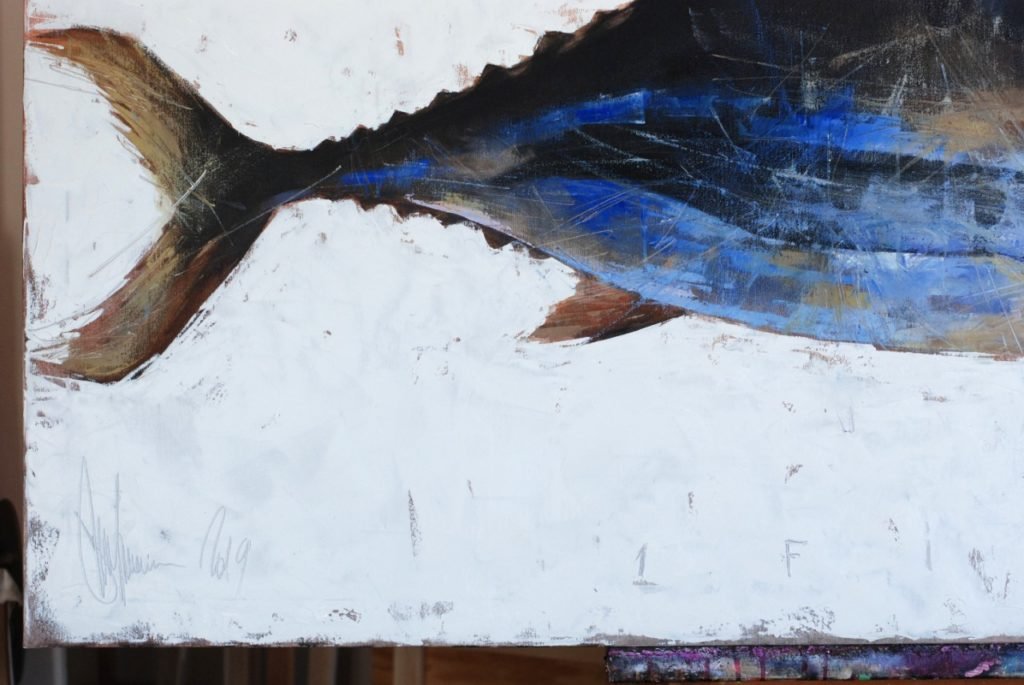 Close-up of fish tail with thicker paint and directional brush strokes