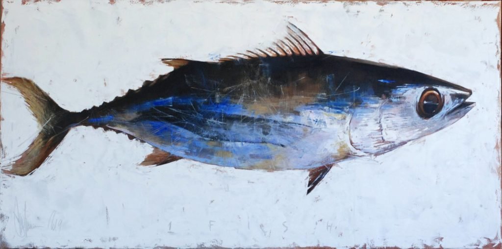 Large horizontal oil painting of a single fish by Igor Shulman on canvas