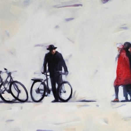 painting about people and bikes by igor shulman original -