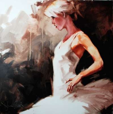 Young ballerina with short platinum blonde hair in an off-white leotard and flowing skirt, posed contemplatively against an abstract smoky background.