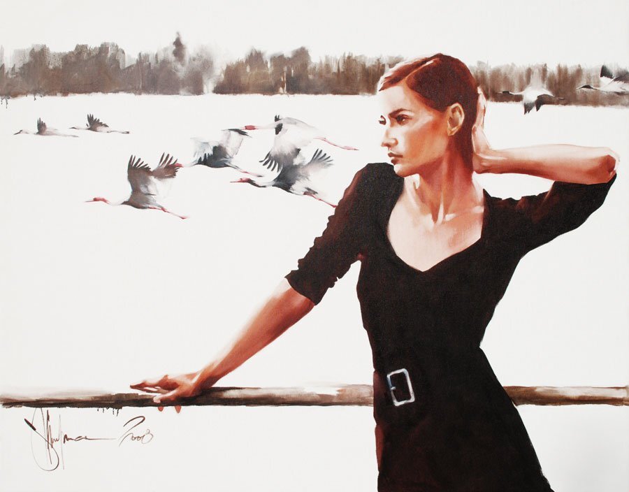 Octobers, 2008 — Igor Shulman Original Oil Painting Octobers, original oil painting by Igor Shulman, woman watching cranes in flight
