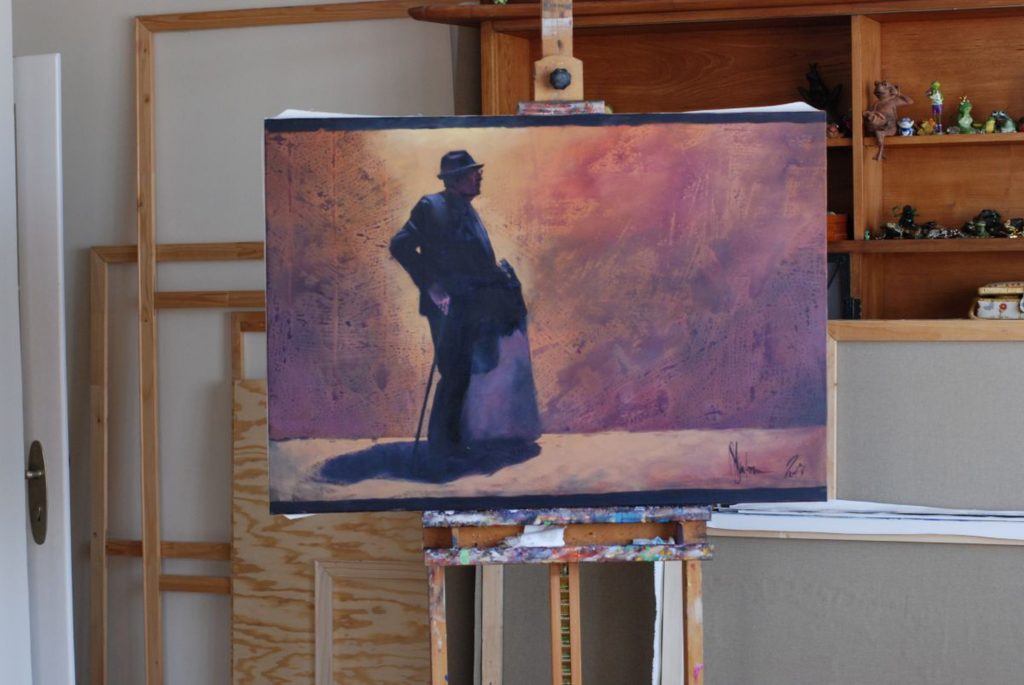 Igor Shulman original oil painting A Hard Way Home on studio easel