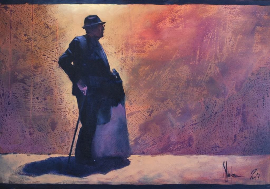 Igor Shulman oil painting elderly man silhouette suit and fedora cane on warm textured background