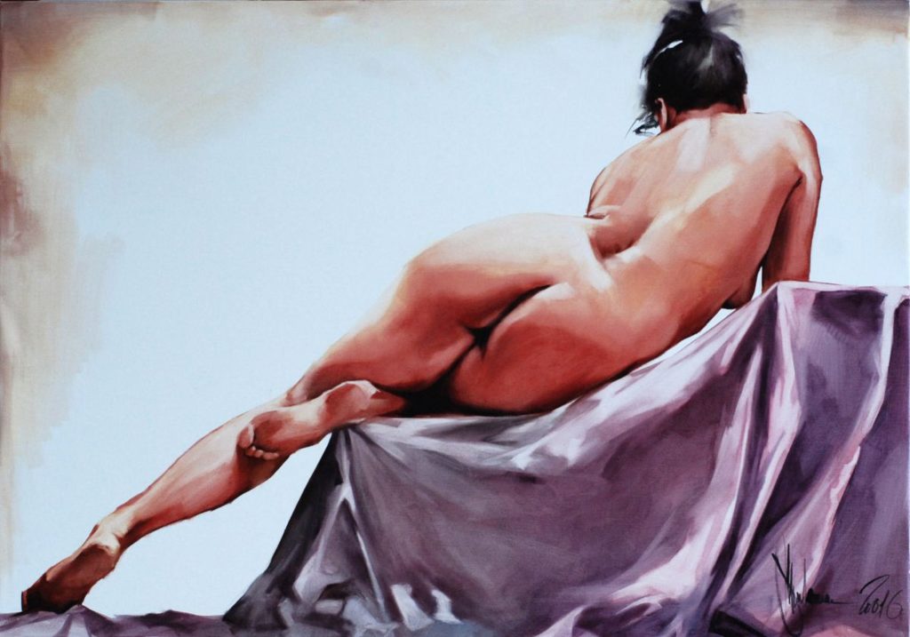 Realistic oil painting of a nude woman reclining on purplish-grey draped fabric, viewed from behind, softly lit to emphasize warm reddish-brown skin tones and delicate interplay of light and shadow