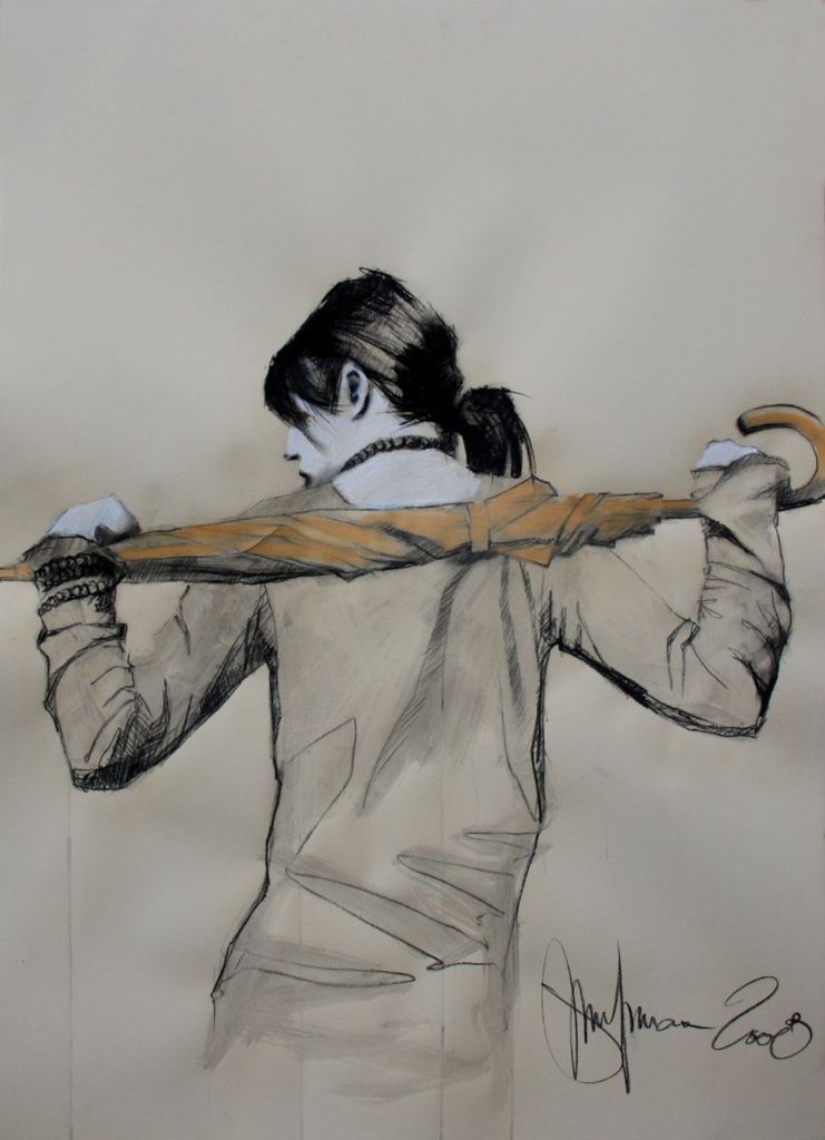 Expressive mixed media figurative drawing titled Umbrella by Igor Shulman, featuring a back view of a woman holding a closed umbrella across her shoulders.