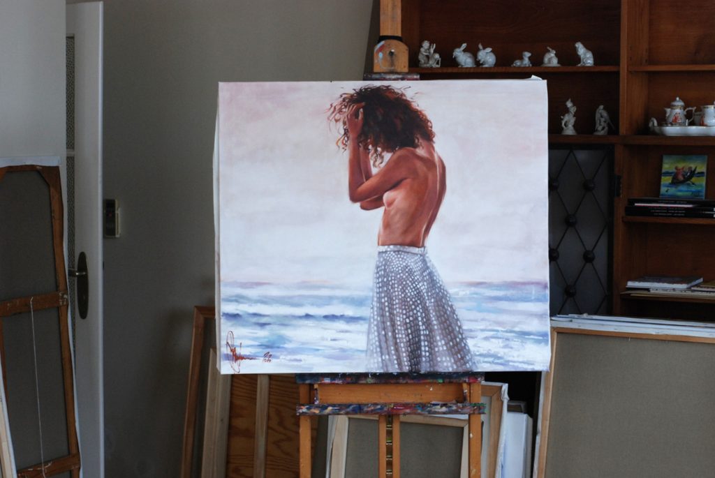 Original Igor Shulman painting on studio easel showing full landscape canvas scale