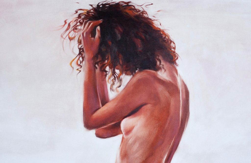 Close-up of curly dark hair and raised hands in painterly brushwork