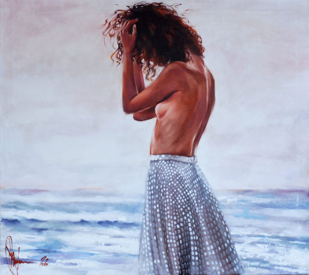 Igor Shulman oil painting of woman by the sea with bowed head and raised hands