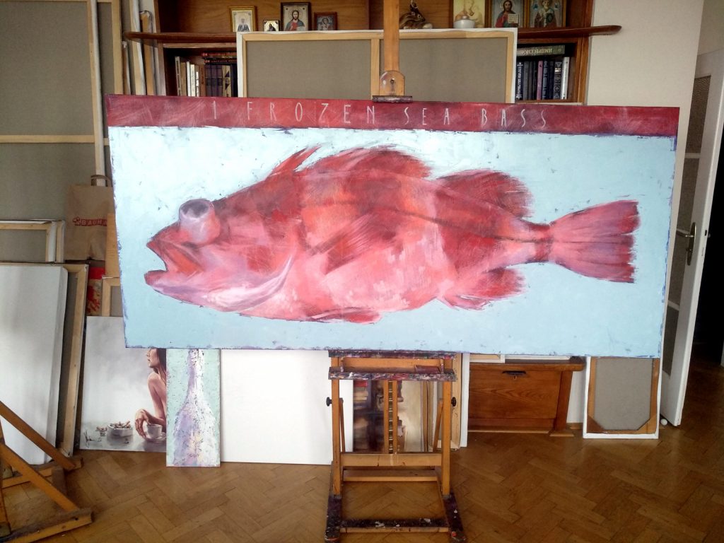 Oil painting Frozen Sea Bass displayed in Igor Shulman studio