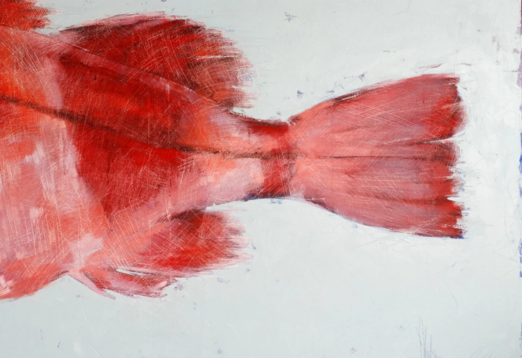 Thick paint layers showing scales on red fish surface