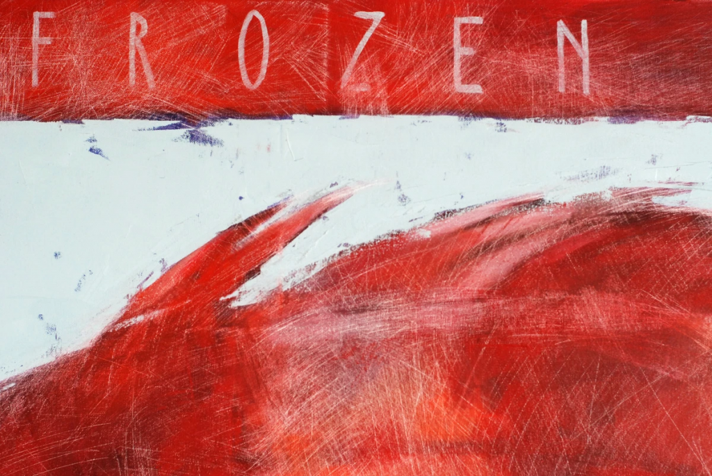 Upper red band with painted title text across composition