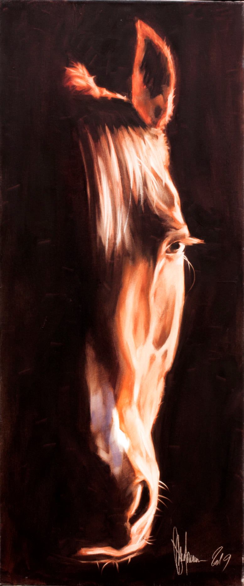 Realism oil painting Orlik by Igor Shulman, chestnut horse portrait in contemplative pose.