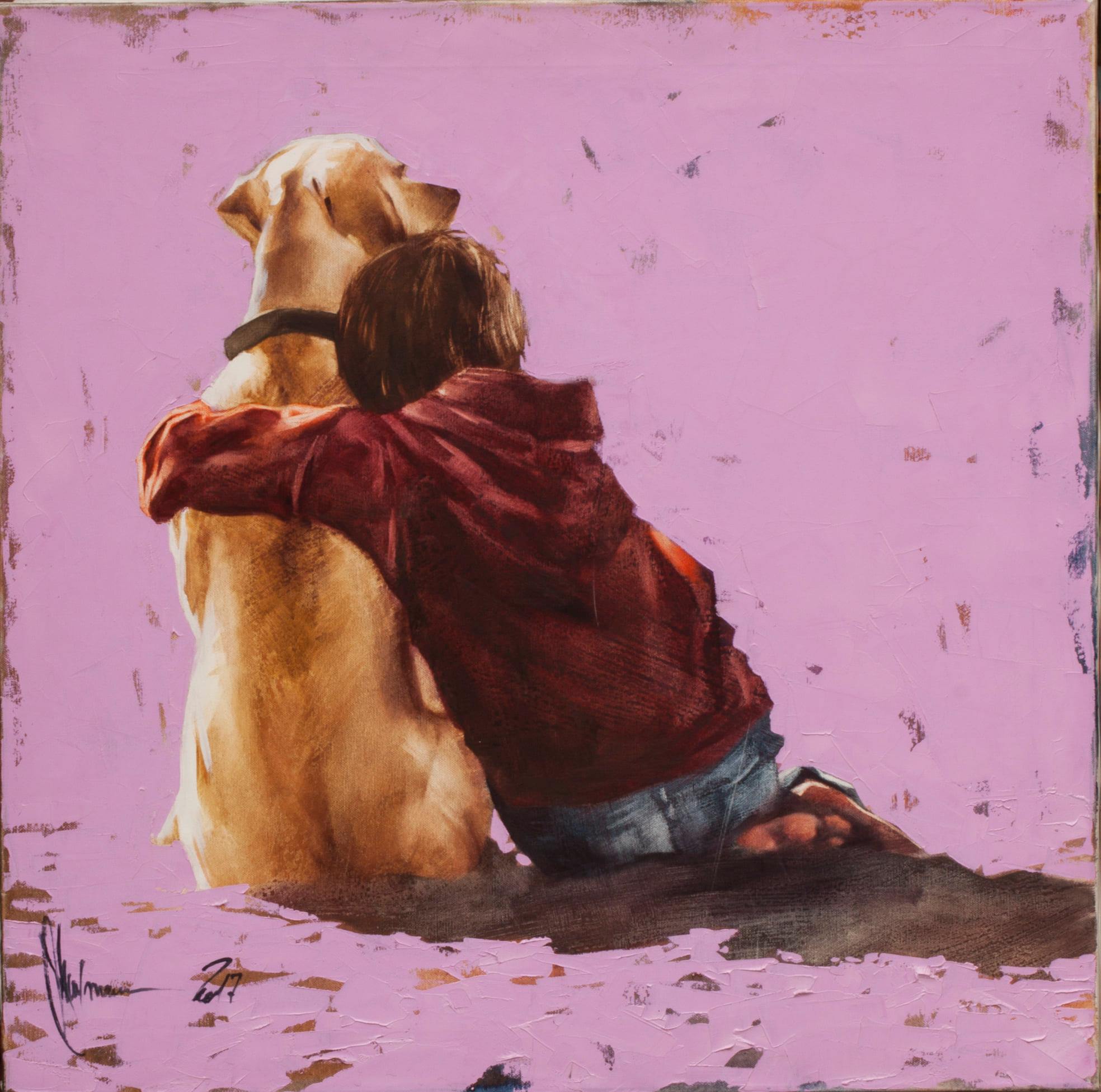 Oil painting Boy and His Dog (2017) by Igor Shulman – boy hugging his Labrador, figurative realism, tender