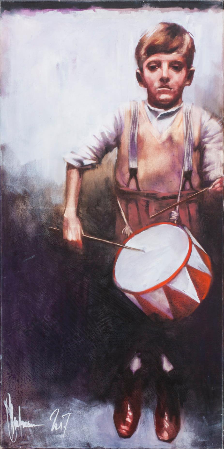 Oil painting The Young Drummer (2017) by Igor Shulman – young boy holding a colorful drum, figurative realism, expressive childhood portrait.