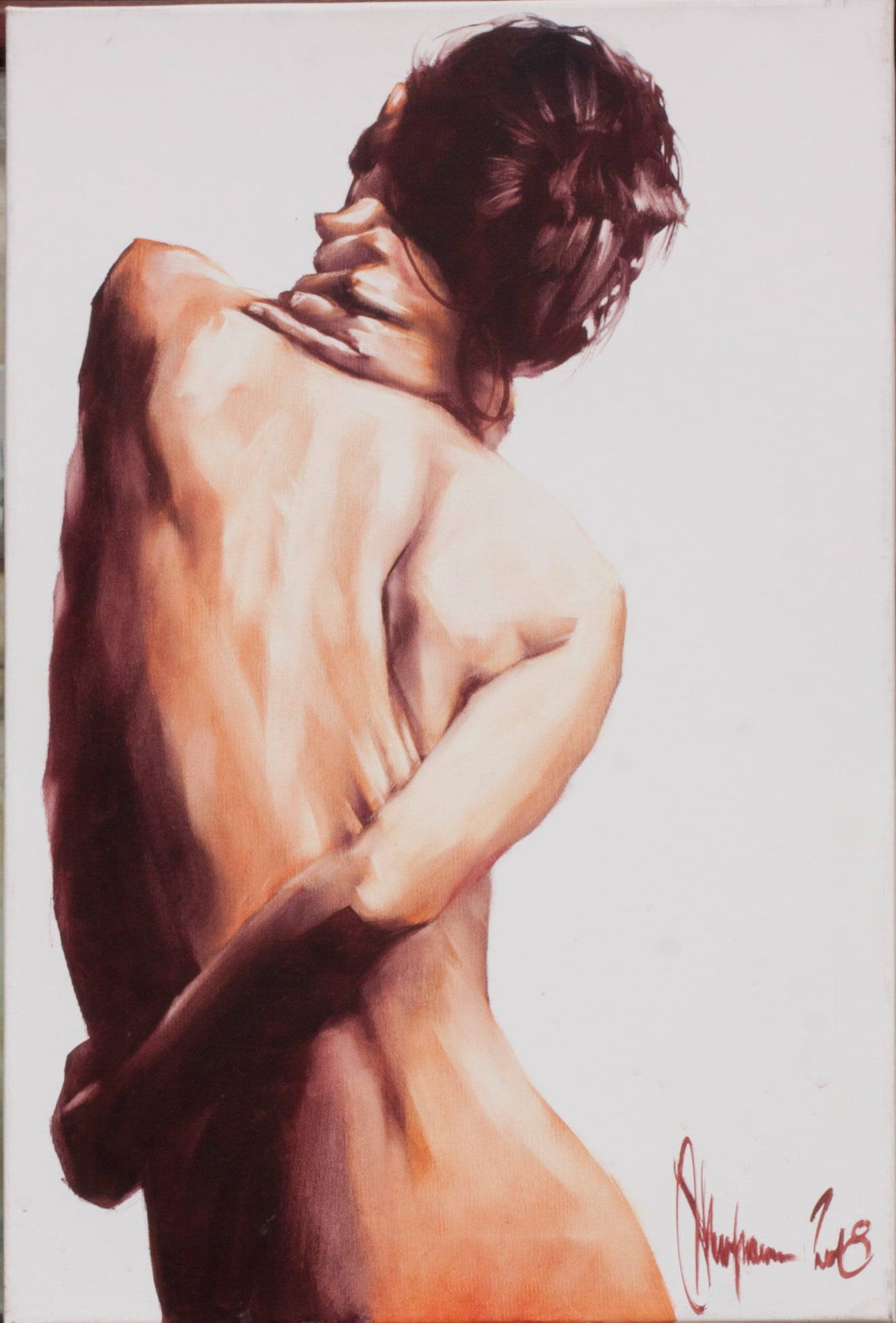 Oil painting Silent Reflection (2018) by Igor Shulman – nude female figure from behind, introspective and contemplative, figurative art.