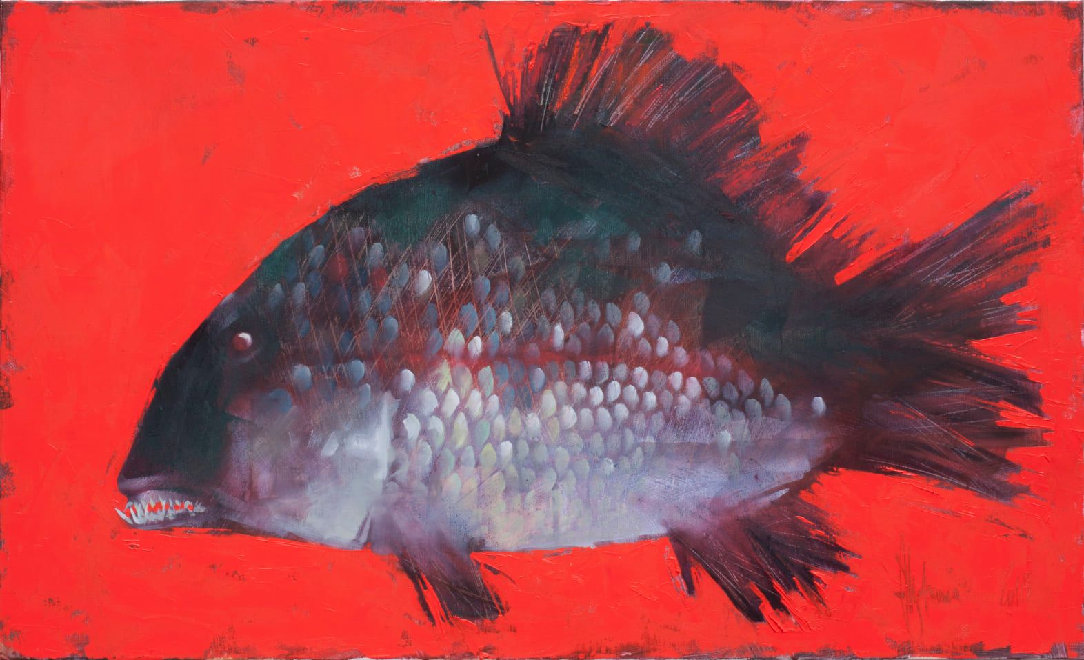 Figurative oil painting Red Fish by Igor Shulman, dark fish on red background, tension and energy