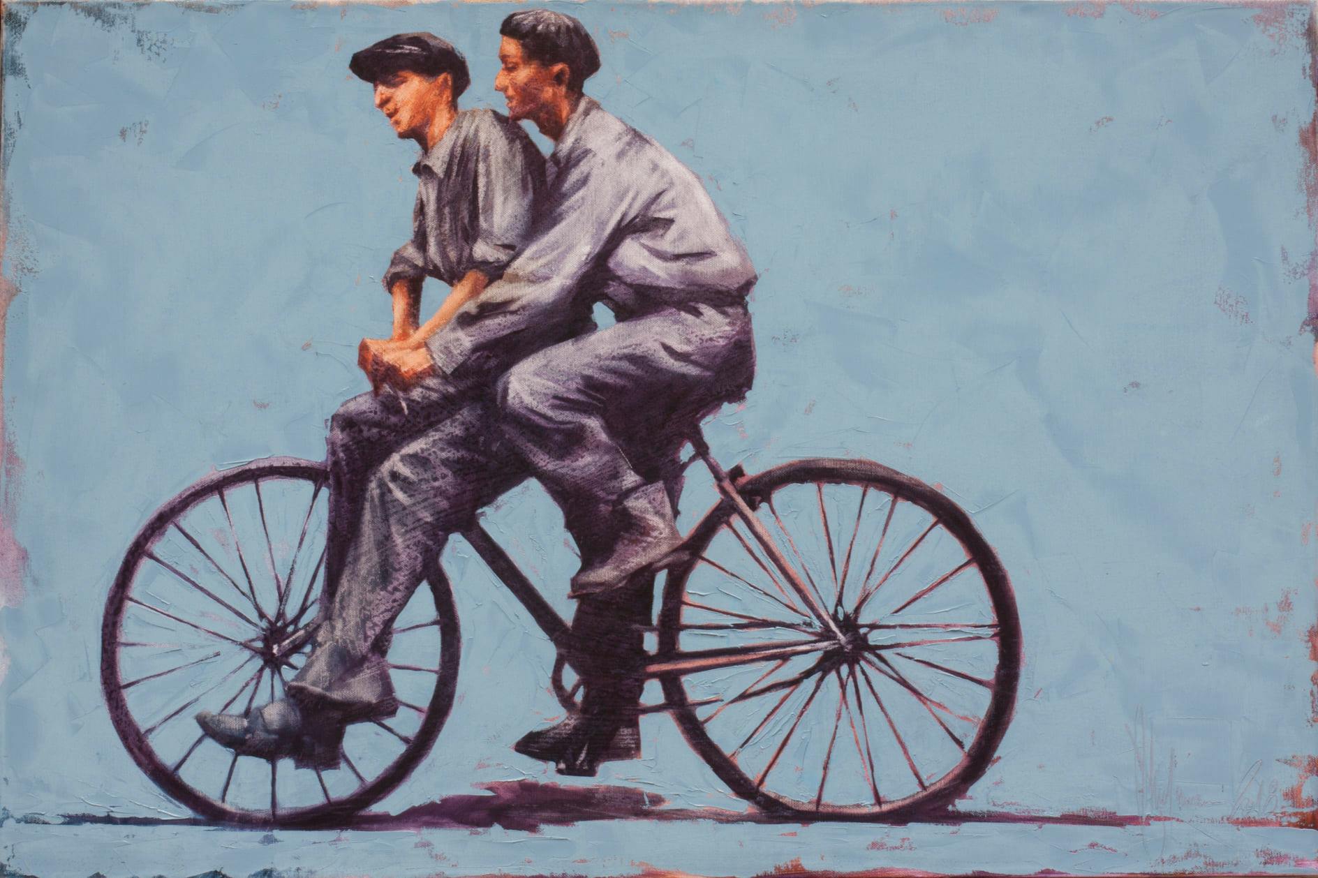 Oil painting Two Friends (2018) by Igor Shulman – two young men riding a vintage bicycle, figurative art of friendship.