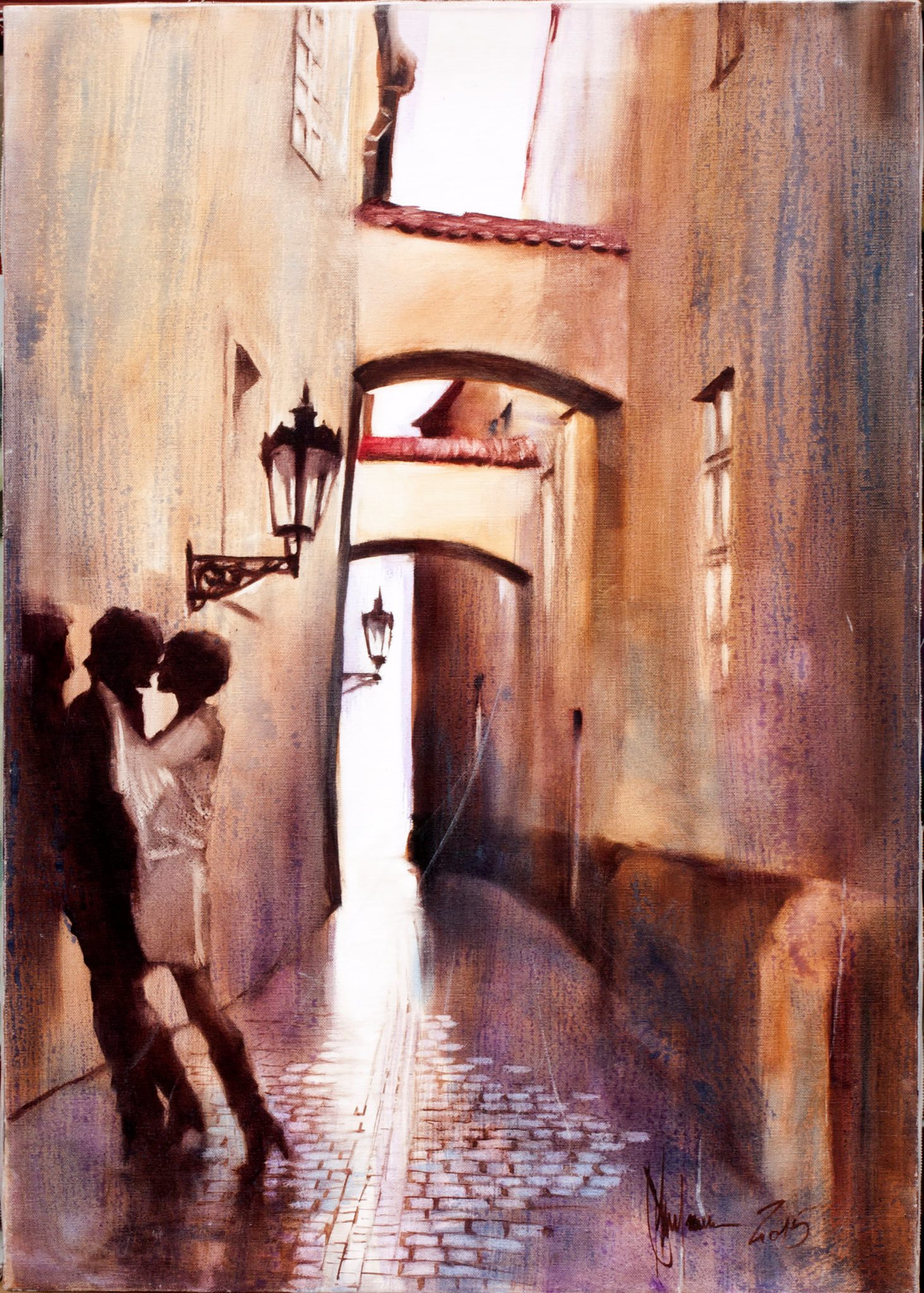 Impressionist oil painting Prague Meetings by Igor Shulman showing a couple embracing in a narrow European alley.
