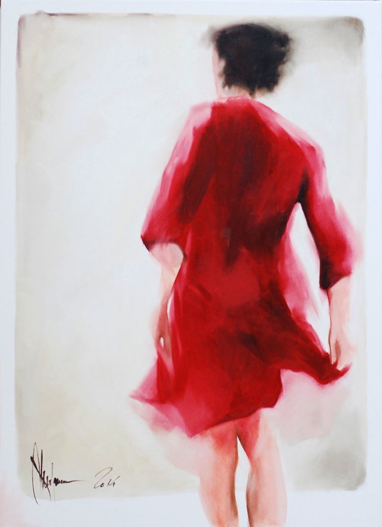 Impressionistic painting Woman in Red by Igor Shulman, back view of walking woman