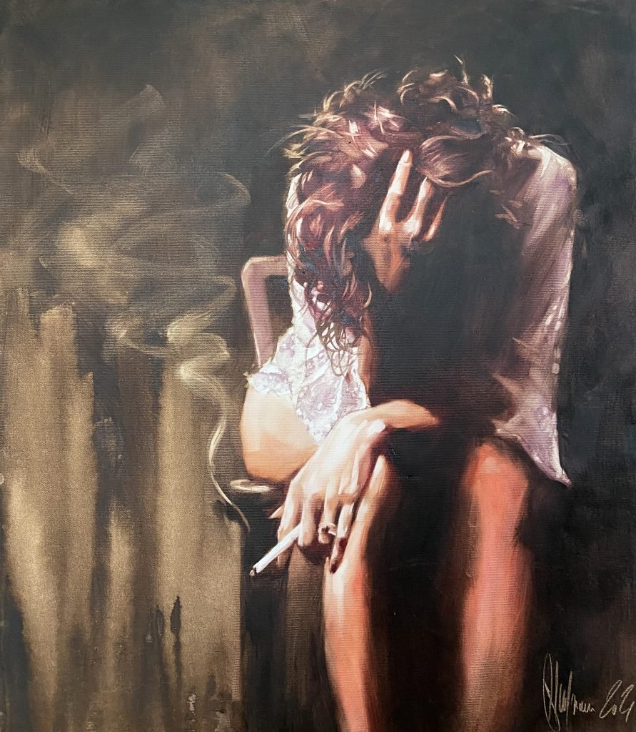 Original oil painting After Party No 34 by Igor Shulman showing a contemplative woman holding a cigarette