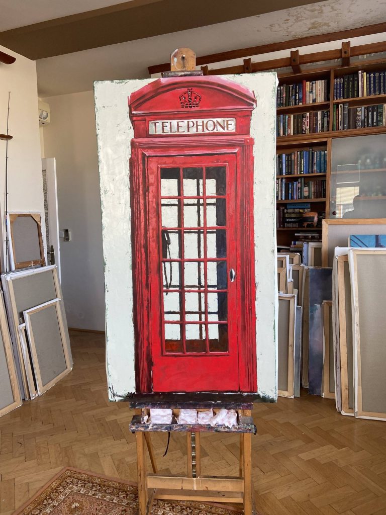 Oil Painting Red phone booth (2021) by Igor Shulman