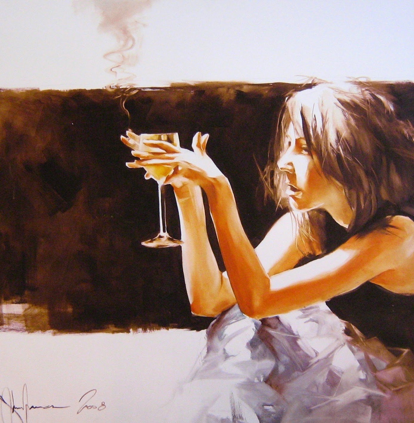 Young woman seated holding a wine glass against a dark brown background in an expressive watercolor painting.