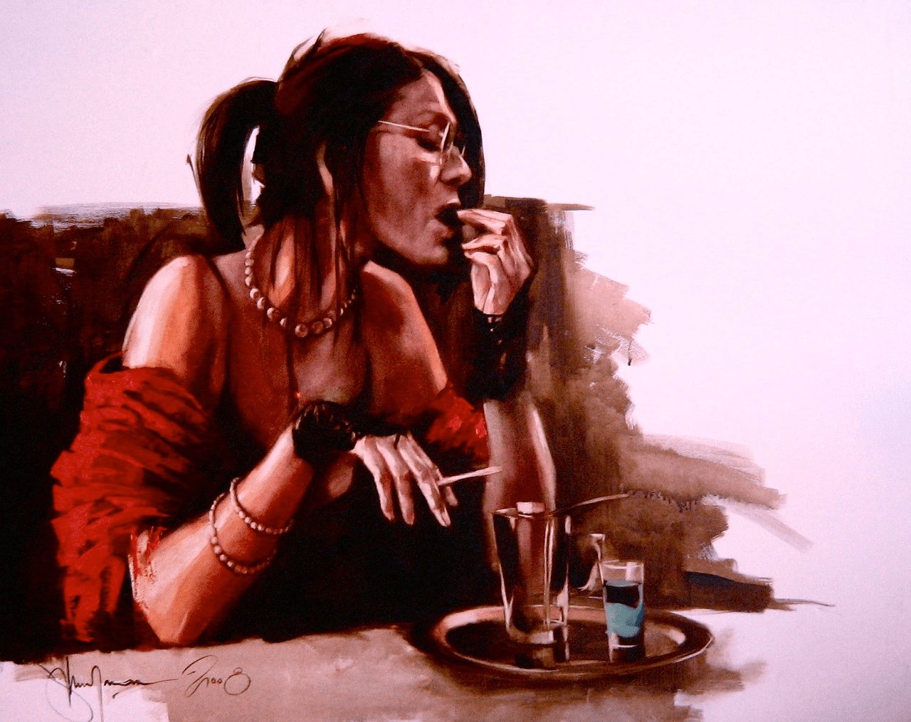 Seated woman wearing a sheer red shawl, holding a cigarette and a drink, portrayed in an expressive watercolor painting.