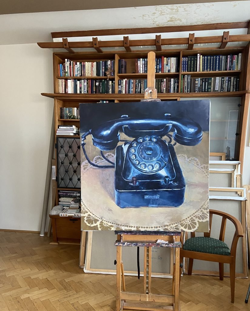 Oil painting 1953 vintage telephone displayed in Igor Shulman studio