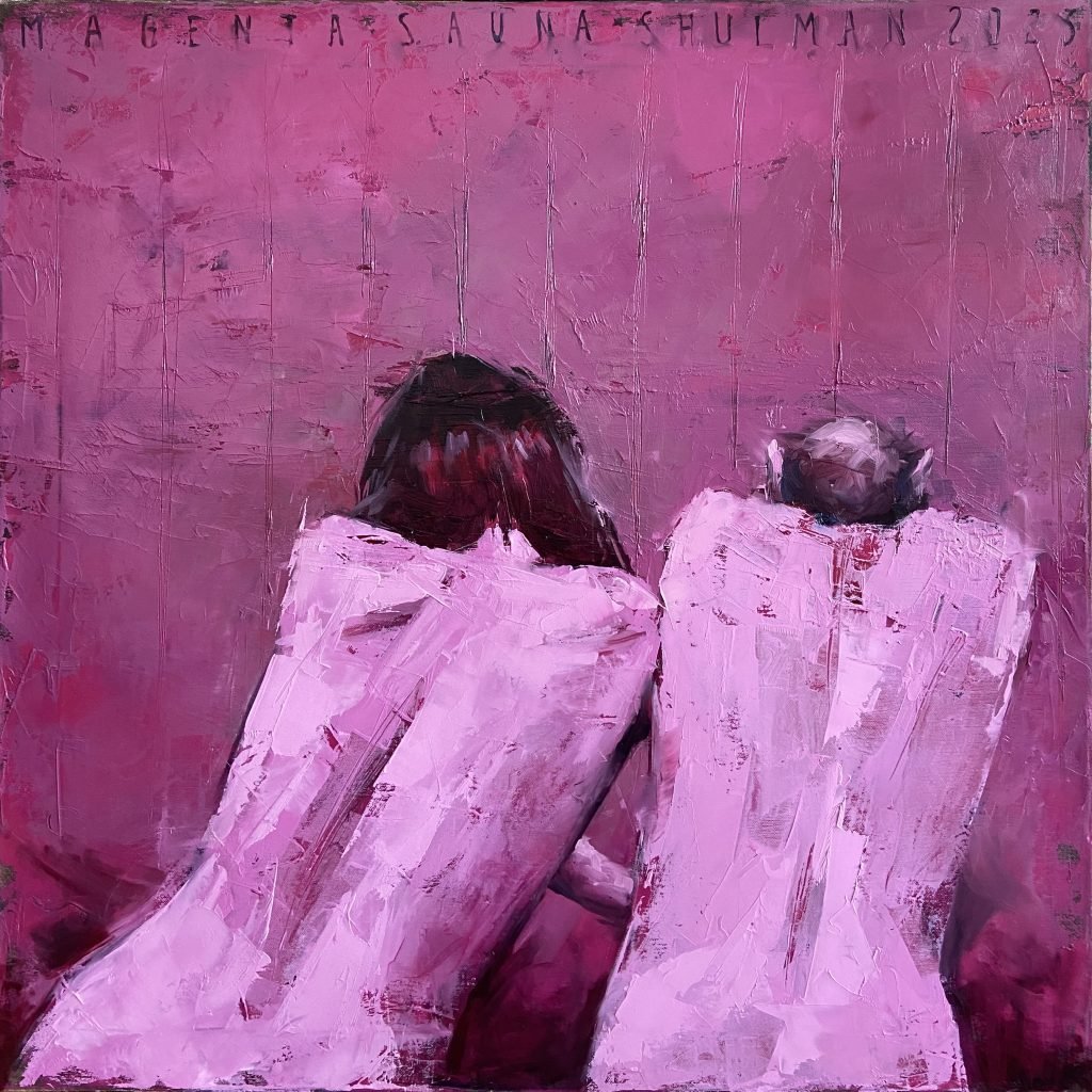 Expressive and gestural oil painting "Magenta Sauna" by Igor Shulman, featuring a naked couple immersed in a magenta-hued scene on a 70 x 70 cm canvas