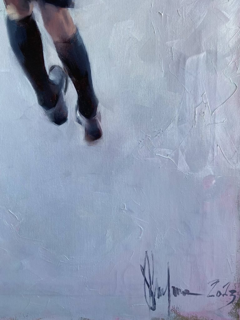 Oil painting of a female athlete during a sports event, reflecting the artist's passion and interest in sports