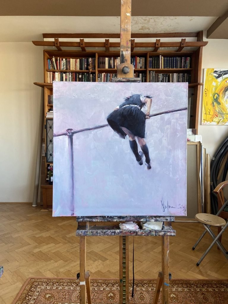 Oil painting of a high school sports scene, capturing the artist's dreams and aspirations as a young athlete