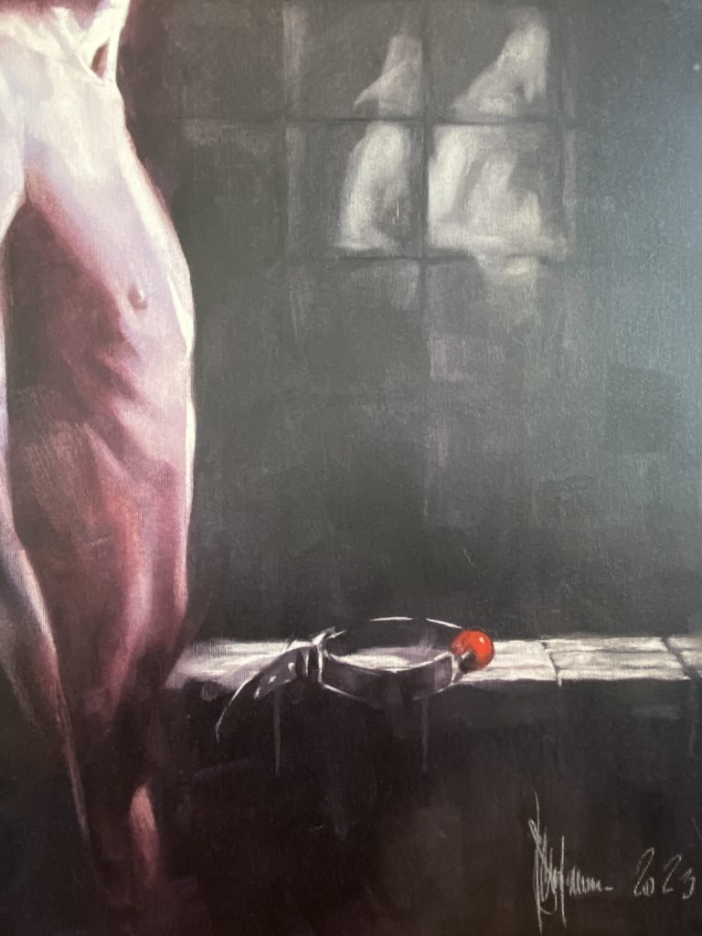 Dark gridded background fragment showing faint pattern through heavy shadow in oil paint