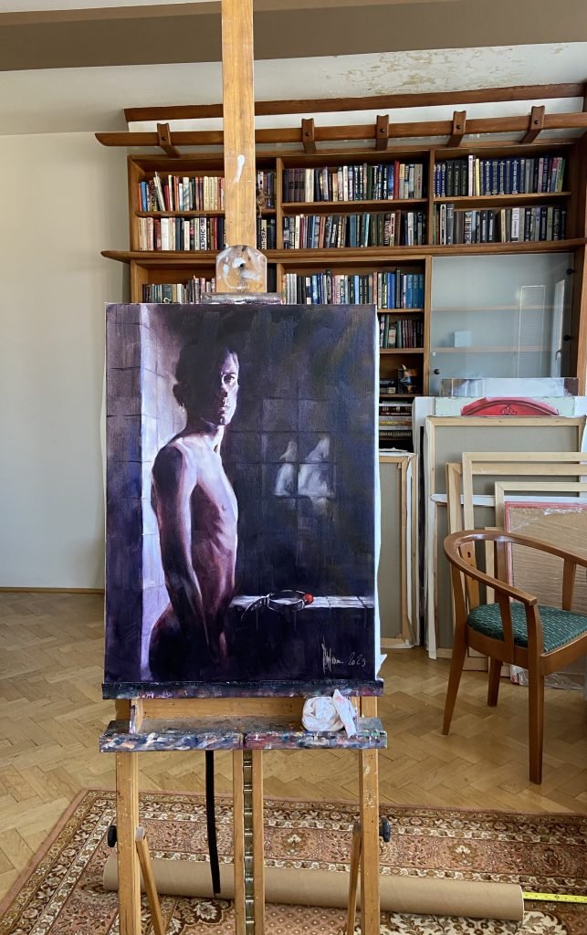 Original Igor Shulman oil painting on easel in artist's studio showing full canvas scale