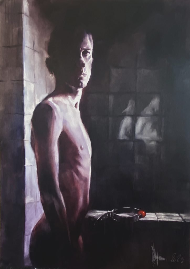 Igor Shulman oil painting of a nude male figure against white tiles in dim light
