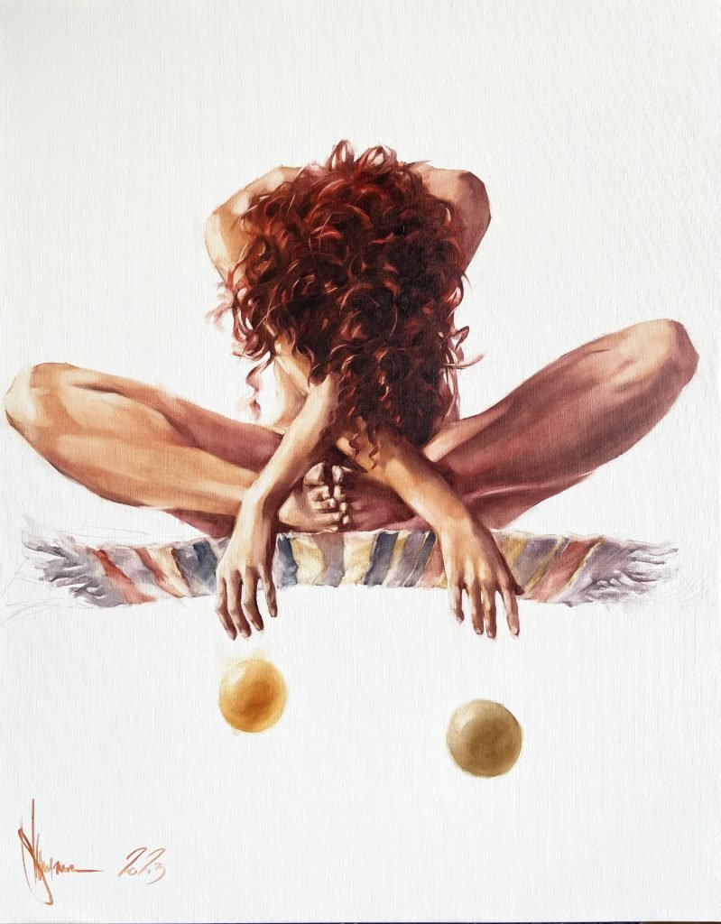 Impressionistic oil painting "Deep Meditation" by Igor Shulman, depicting a nude figure in a serene state of deep inner stillness on a 70 x 90 cm canvas