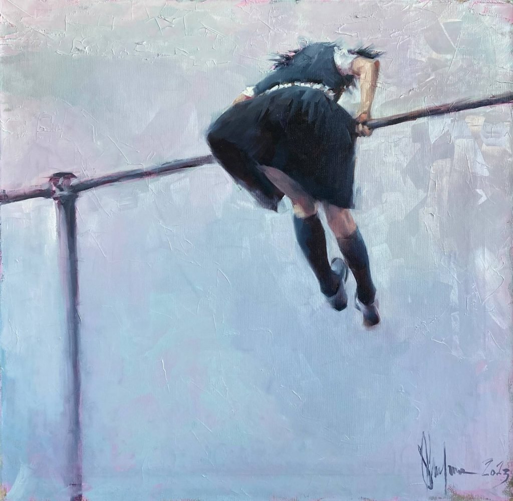 Oil painting depicting female athletes in high school, capturing a nostalgic mood of youth and the passage of time