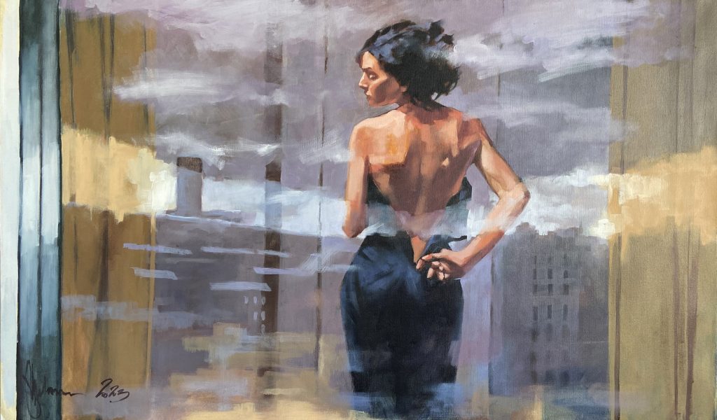Impressionistic oil painting "The Dreams of a Voyeur #6" by Igor Shulman, featuring layered imagery blending eroticism and reflection on a 100 x 60 cm canvas.