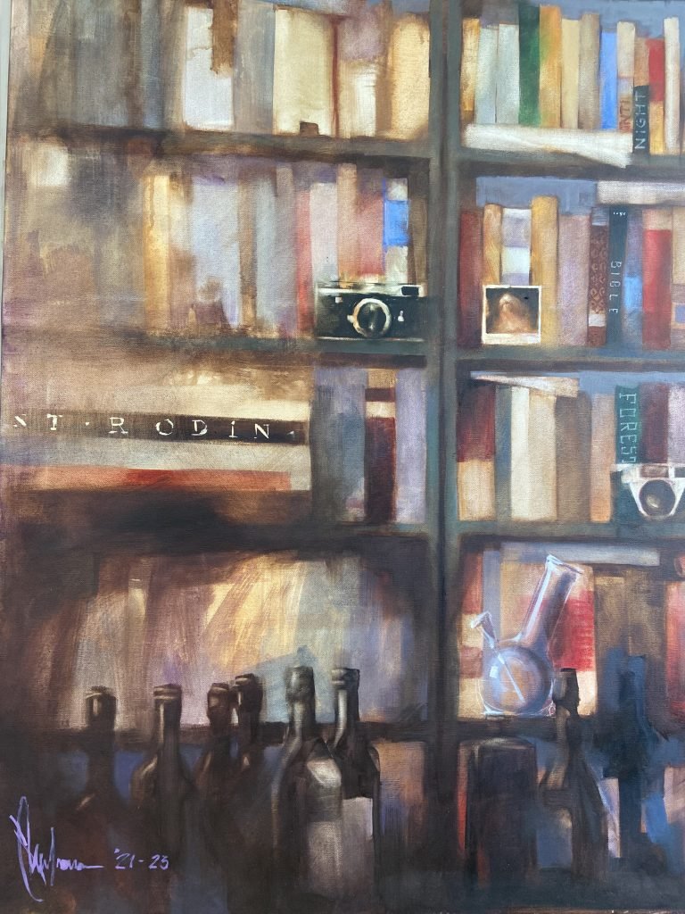 An oil painting of an elderly gentleman standing next to his bookshelf