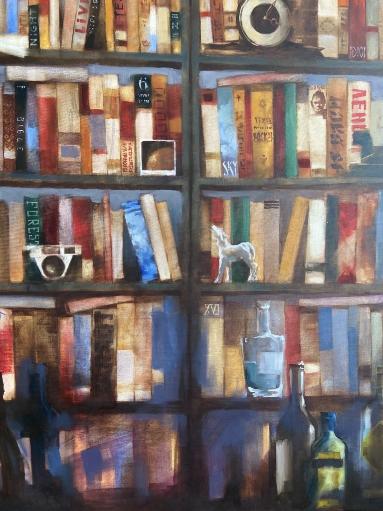 A detailed portrait of a cluttered bookshelf filled with books, papers, and artifacts