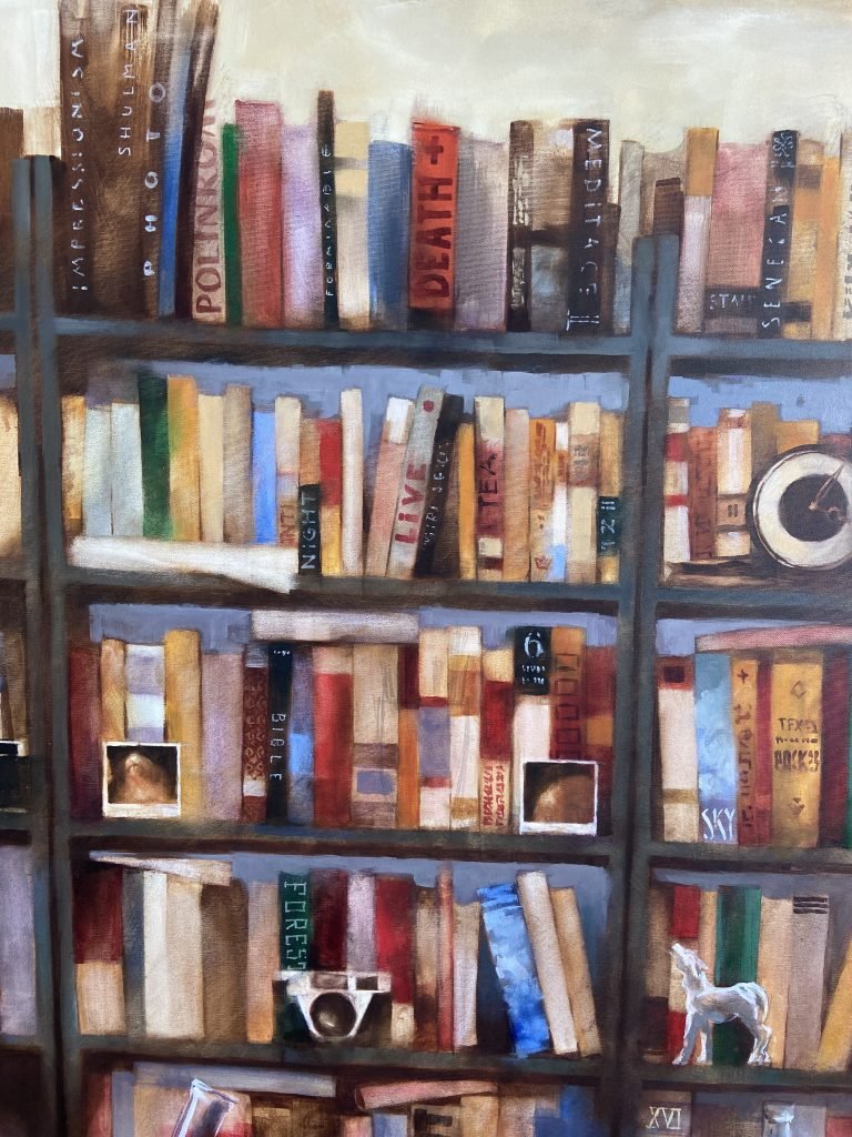 A musical interpretation of a bookshelf, with notes and musical symbols decorating the shelves