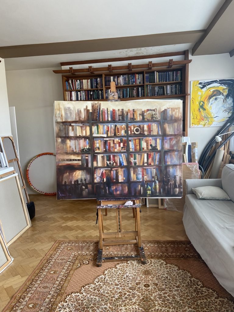 A creative visualization of a bookshelf that invites the viewer to imagine what they would put on their own shelves