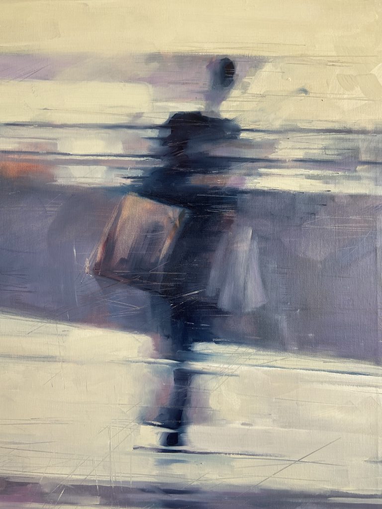 Oil painting portraying a woman's immersive experience of self-reinvention in stores.