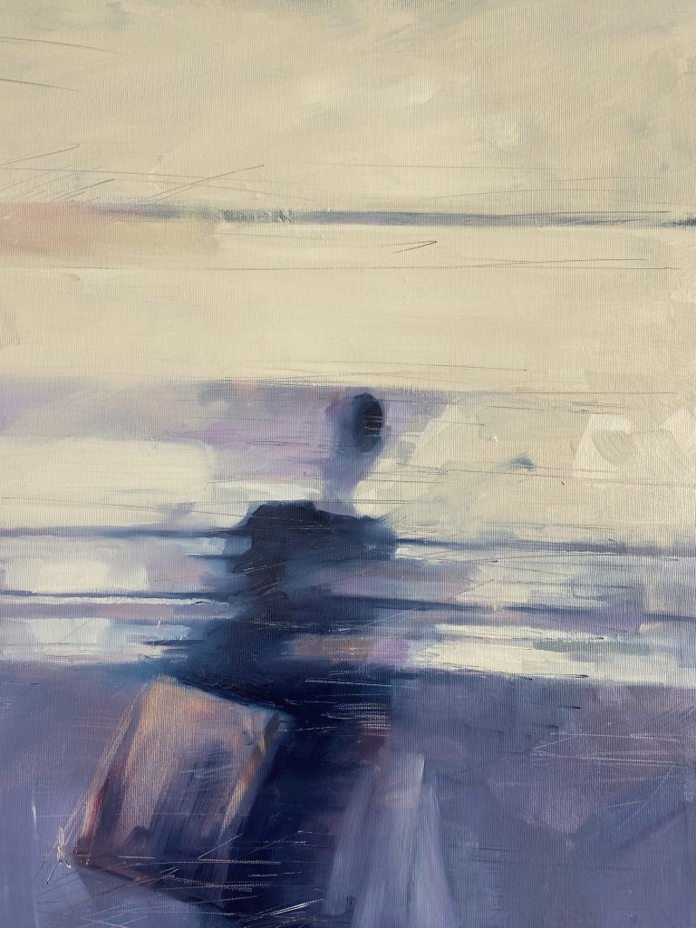 Oil painting capturing a woman's metamorphosis and exploration of new identities in stores.