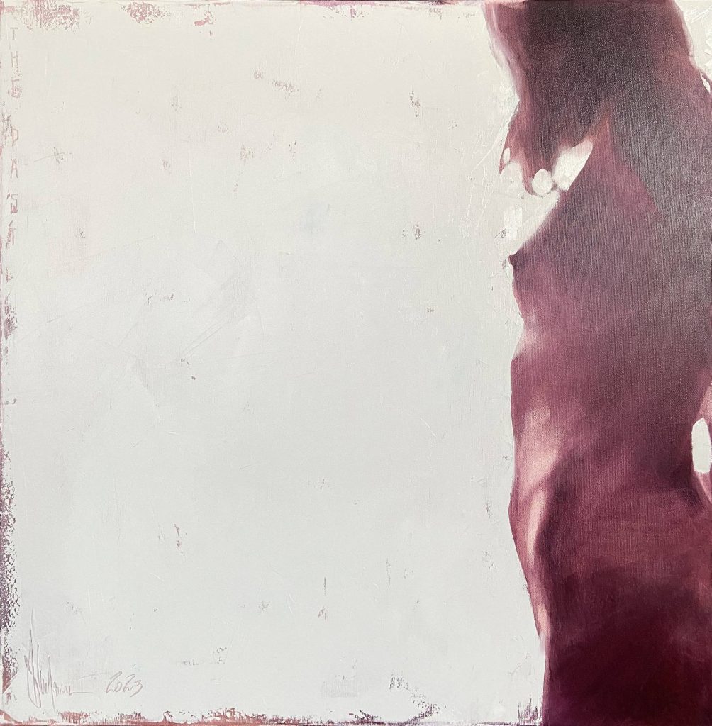 Urban and pop-style oil painting "The Past" by Igor Shulman, depicting a figure expressing the inescapable nature of past experiences, 70 x 70 cm on canvas