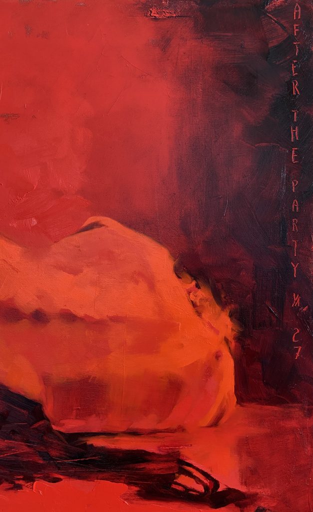 Close-up of orange-lit back and shoulder with layered red oil paint
