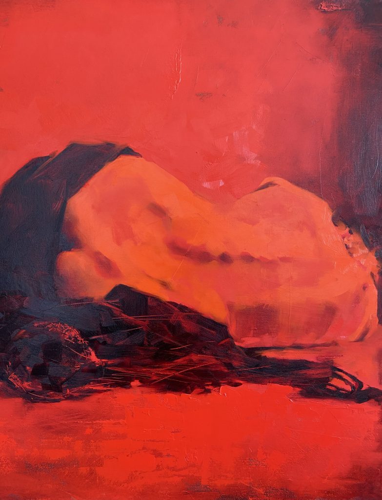 Detail of dark drapery merging into deep red shadowed ground