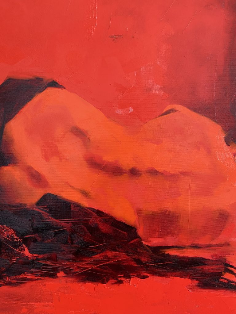 Close view of rough red brushstrokes and tonal shifts in background