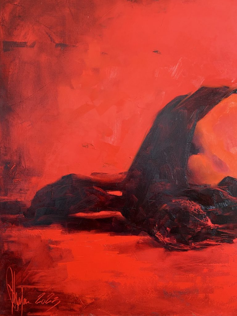 Cropped detail of curled figure outline against saturated monochrome red field