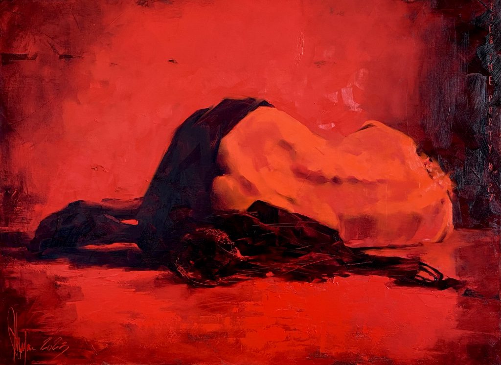 Igor Shulman oil painting of reclining nude woman in red light and shadow
