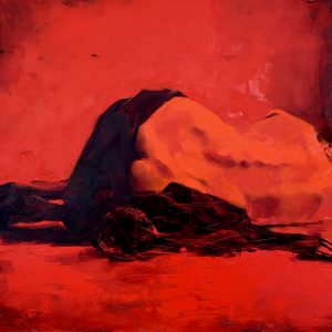 Urban and pop-style oil painting "After the Party #27" by Igor Shulman, featuring a solitary female figure in red hues, 80 x 60 cm on canvas.